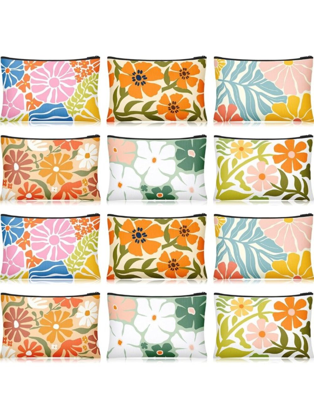 12 Pcs Floral Canvas Makeup Bags - Zippered Travel Toiletry & Pencil Pouches
